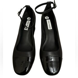 Steve Madden Eli Black ankle strap chunky heel leather shoe